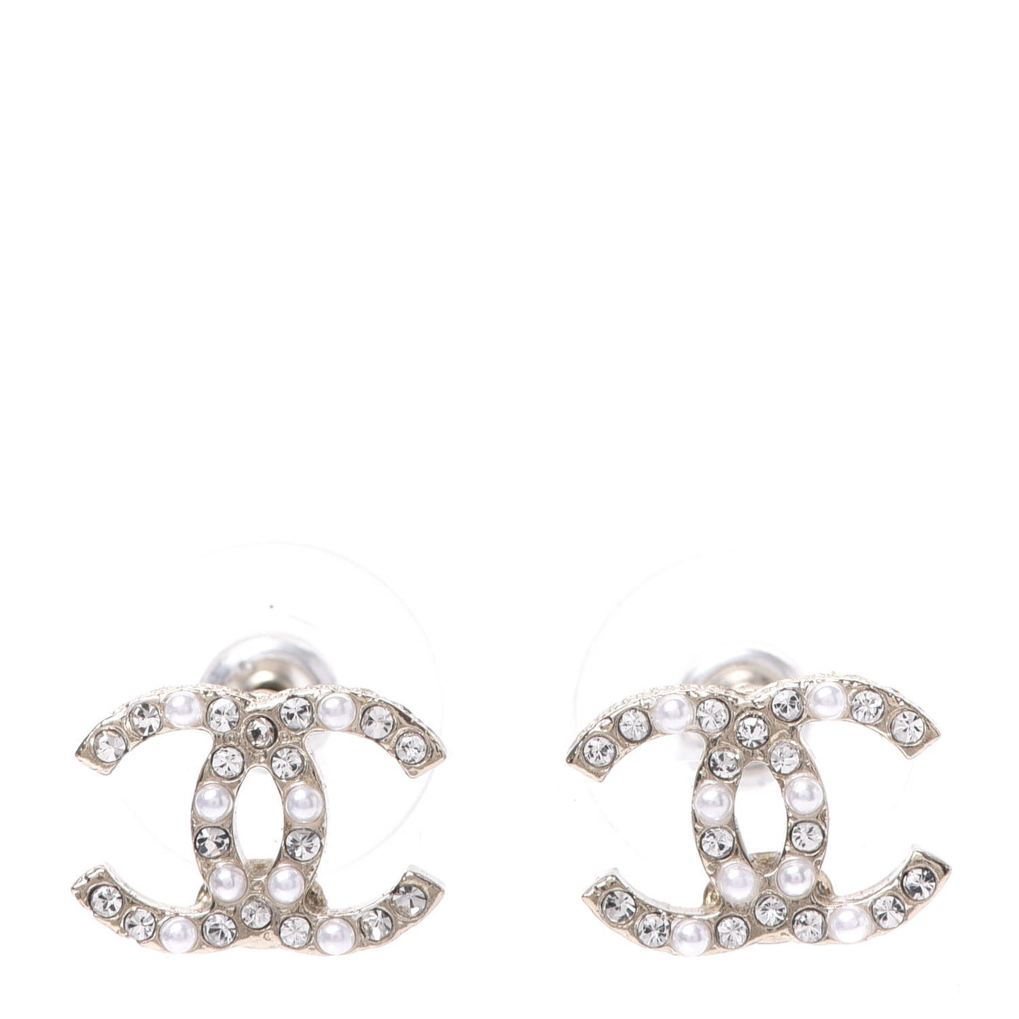 Pearl Crystal CC Charms Stud Earrings Light Gold