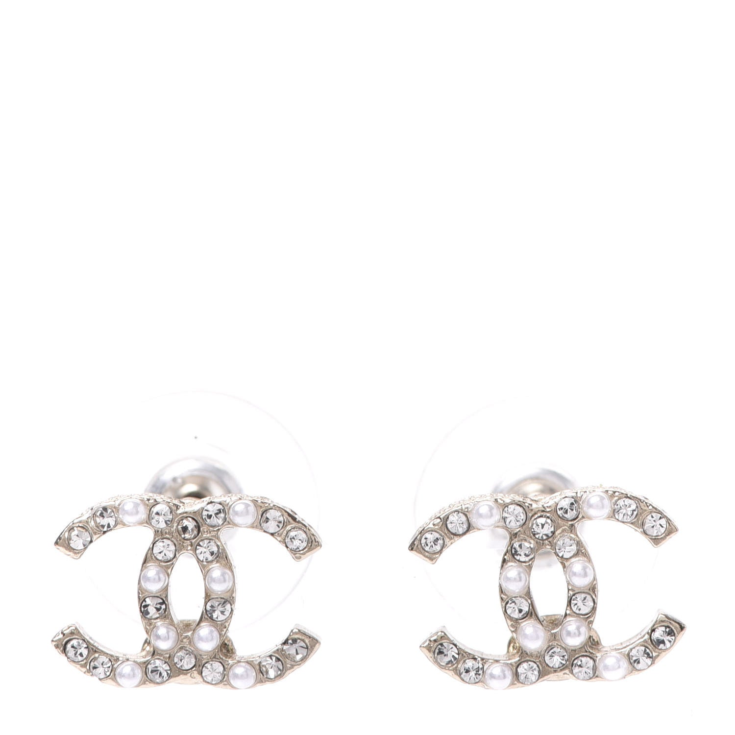 Chanel Pearl Crystal CC Charms Stud Earrings Light Gold 1 of 5