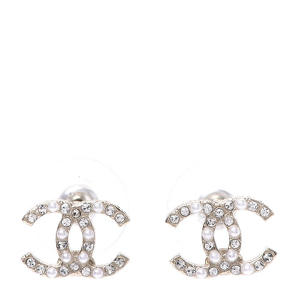 Chanel Pearl Crystal CC Charms Stud Earrings Light Gold 1 of 5
