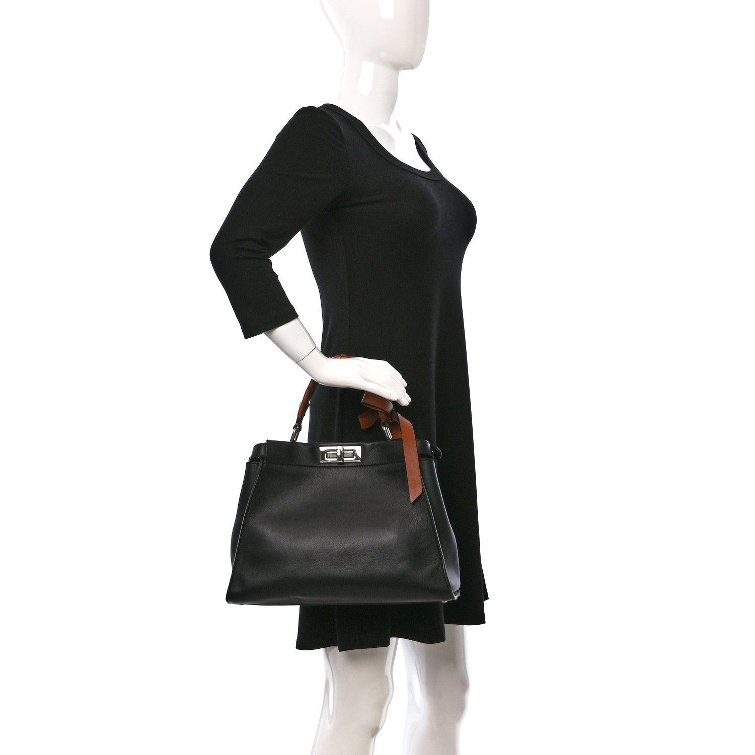 Fendi Vitello Seta Nappa Ribbon Medium Peekaboo Iconic Satchel Black Corteccia 2 of 8