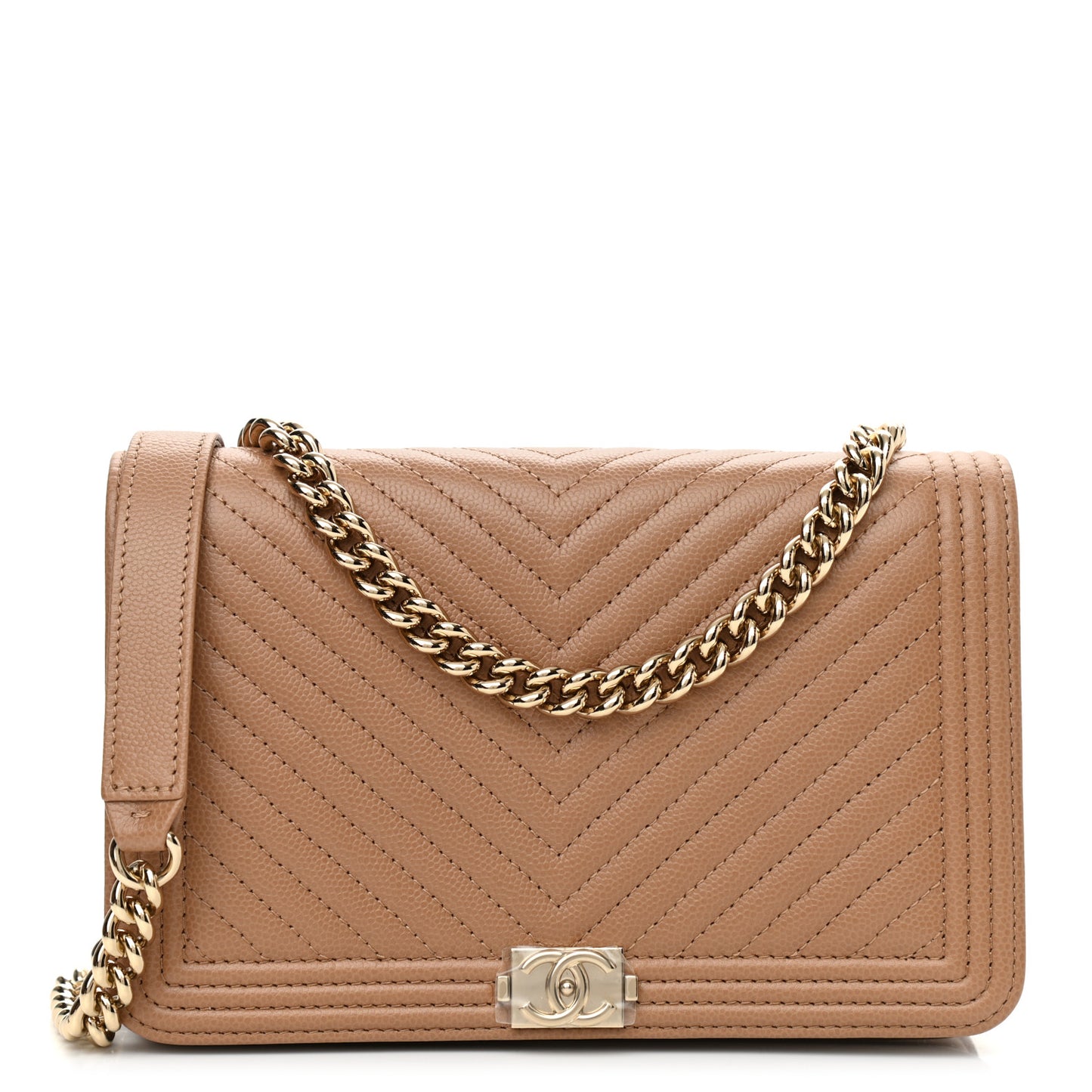 Caviar Chevron Quilted Boy Wallet On Chain WOC Dark Beige