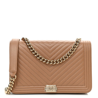 Chanel Caviar Chevron Quilted Boy Wallet On Chain WOC Dark Beige 1 of 11