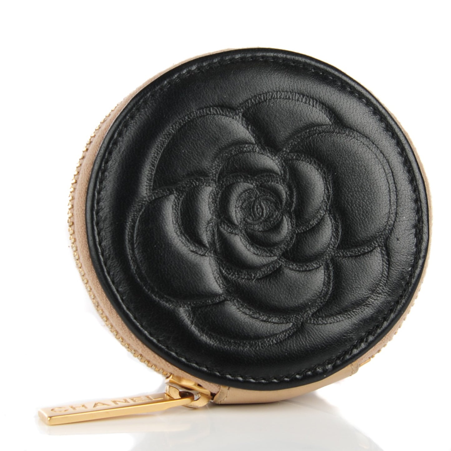 Lambskin Round Camellia CC Coin Purse Black Beige