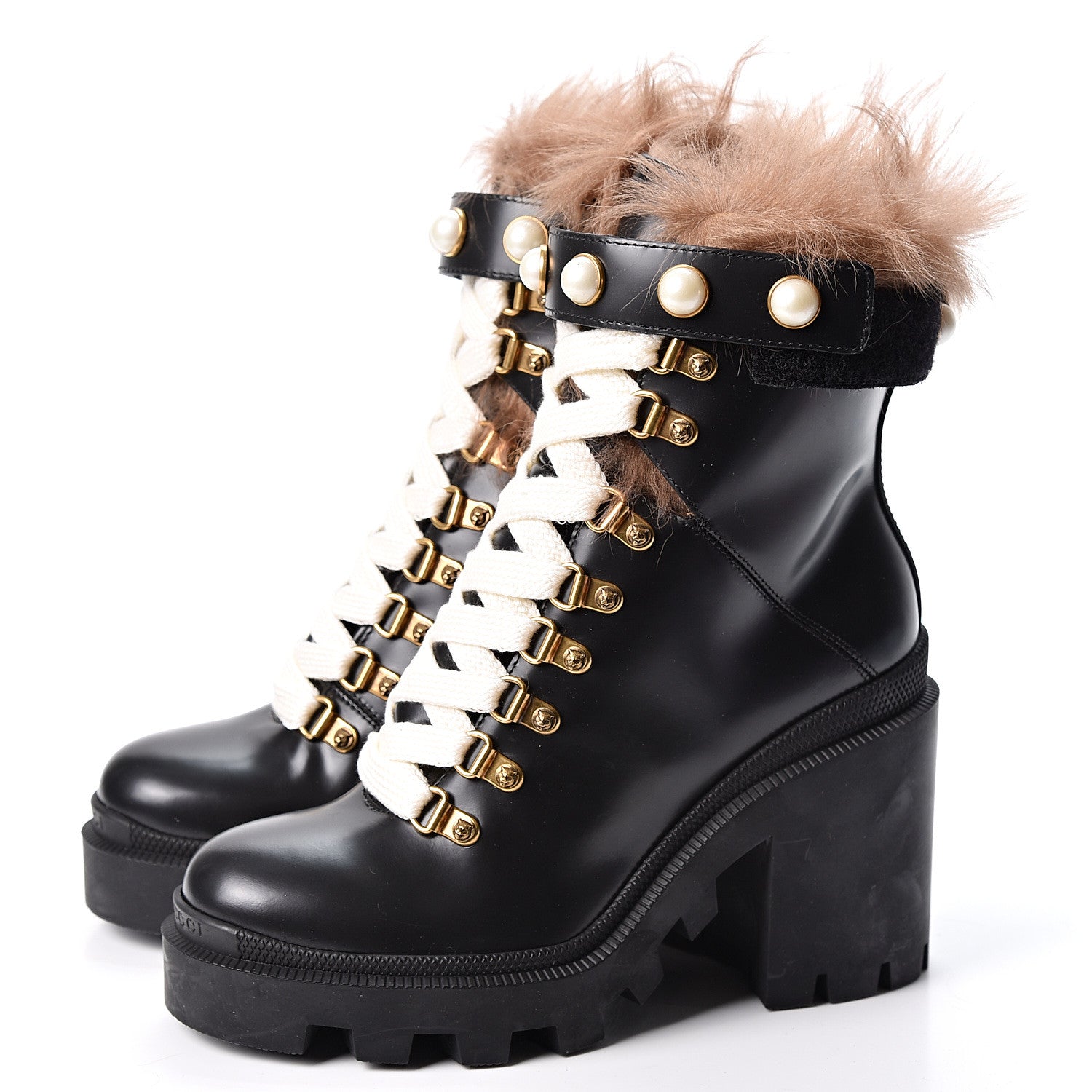 Gucci Magnum Calfskin Fur Pearl Lace Up Combat Ankle Boots 35 Black Naturale 3 of 8