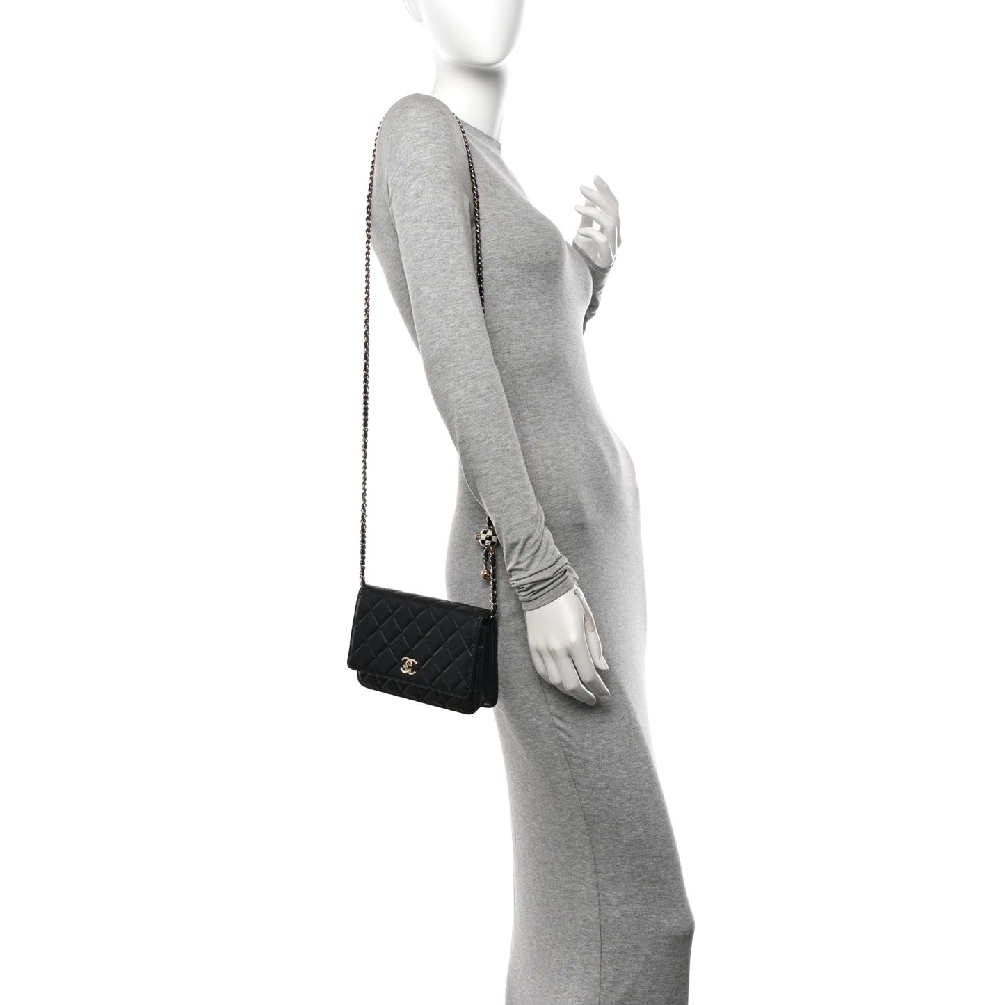 Lambskin Enamel Quilted Pearl Crush Wallet On Chain WOC Black