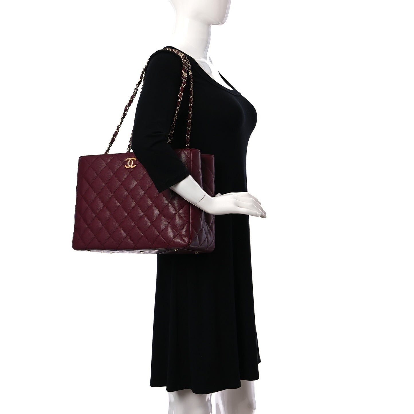 Caviar Quilted Small Shopping Tote Burgundy
