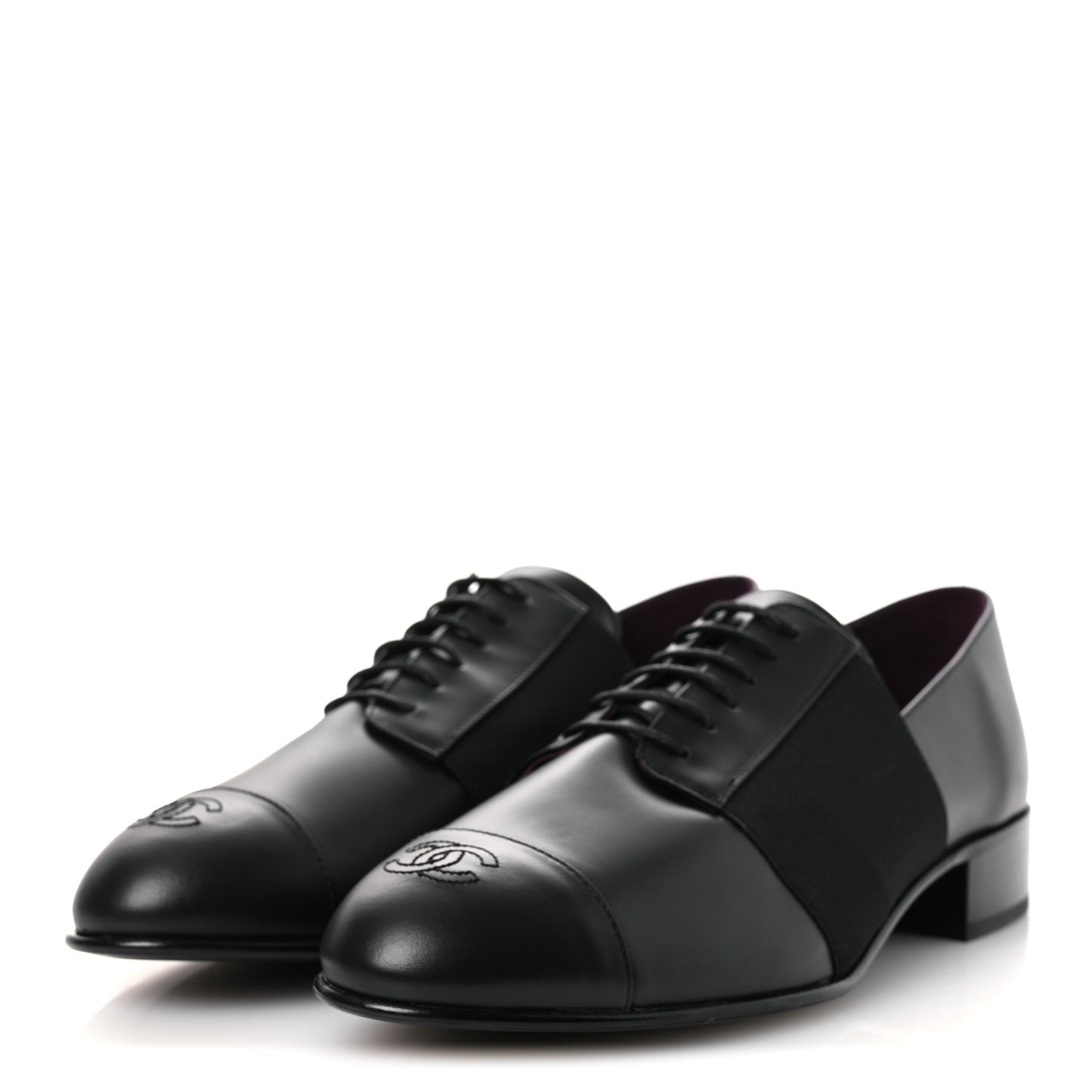 Calfskin Elastic Lace Up Cap Toe CC Loafers 42 Black