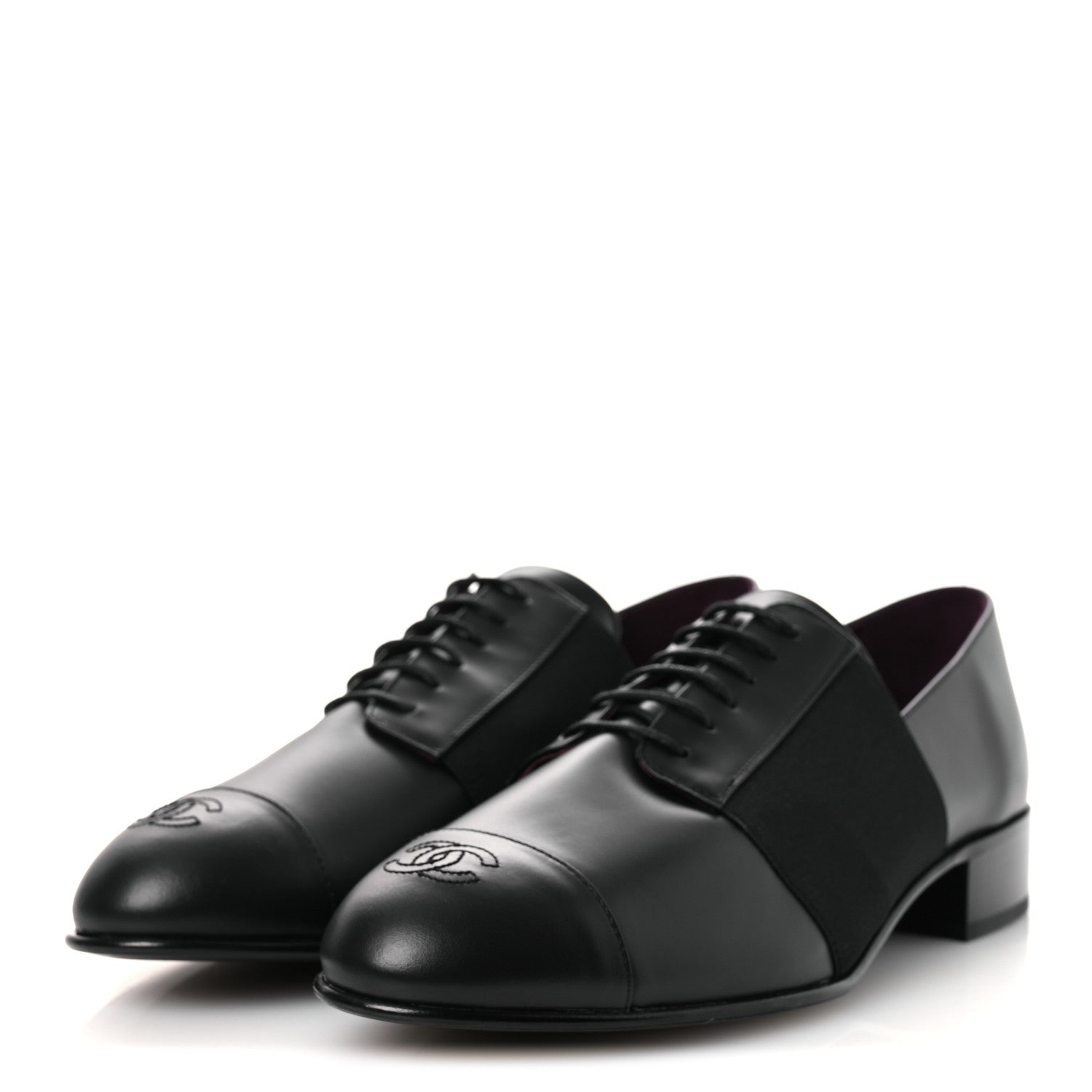Chanel Calfskin Elastic Lace Up Cap Toe CC Loafers 42 Black 4 of 11