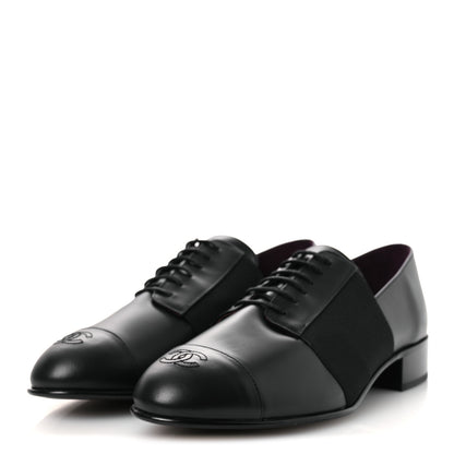 Chanel Calfskin Elastic Lace Up Cap Toe CC Loafers 42 Black 4 of 11