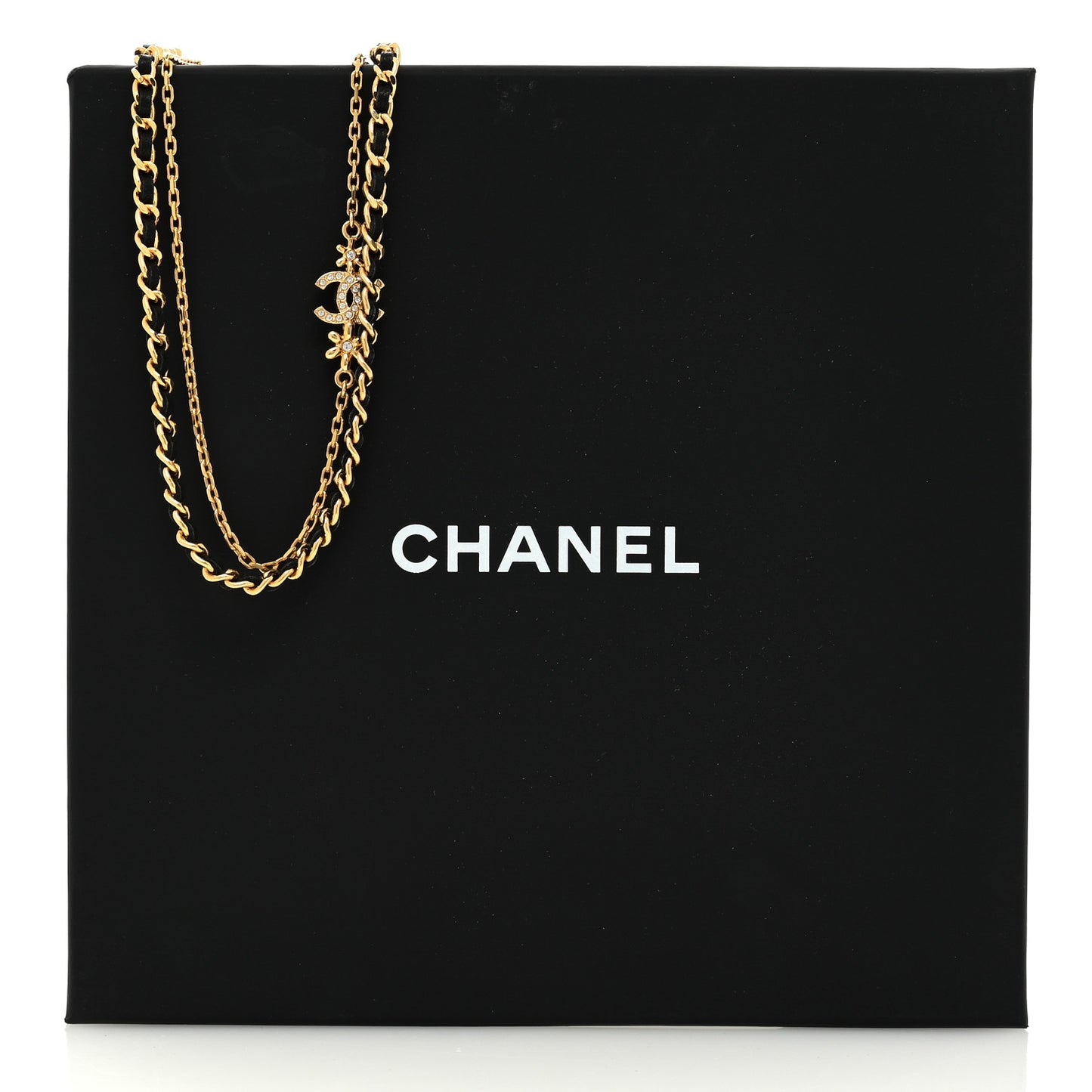 Metal Lambskin Crystal CC Double Chain Necklace Black Gold