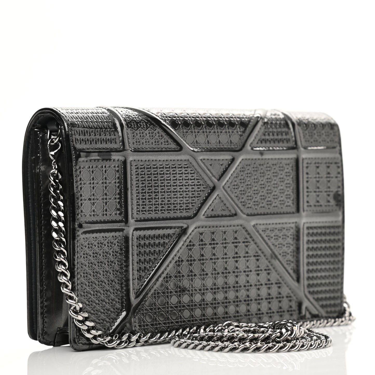 Metallic Patent Micro-Cannage Diorama Wallet on Chain Pouch Onyx Black