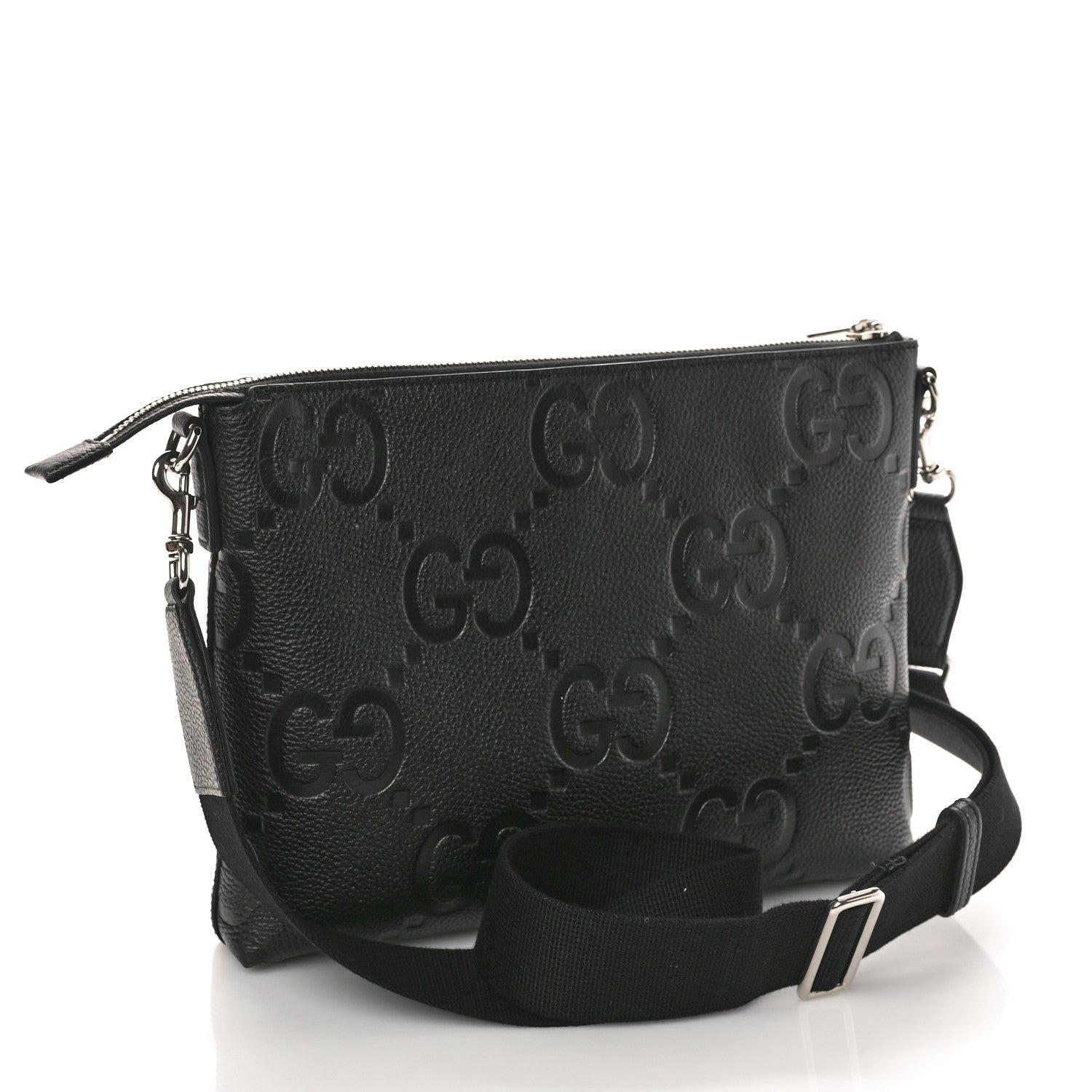 Gucci Piuma Calfskin Jumbo GG Embossed Medium Wristlet Messenger Bag Black 2 of 10