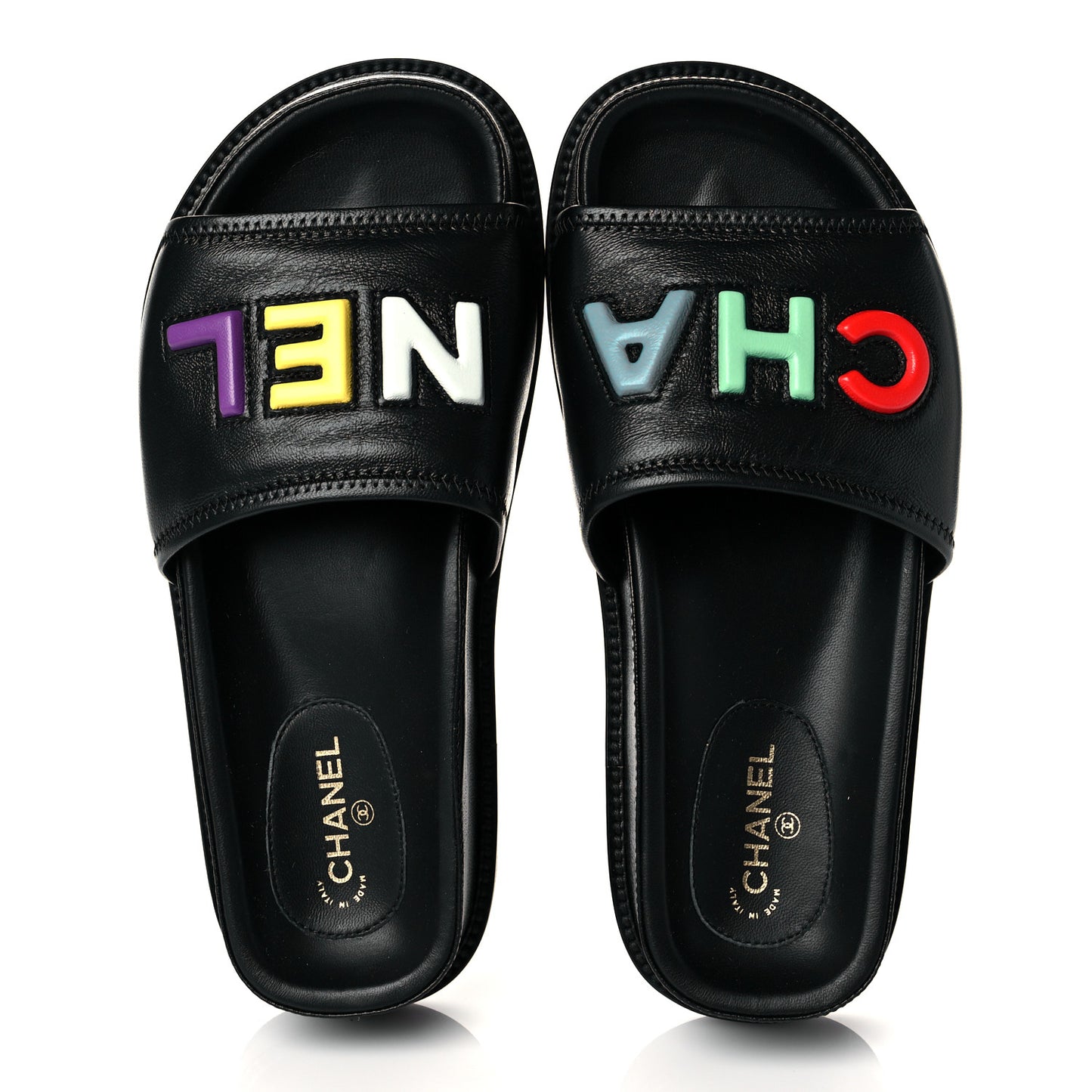 Lambskin Cha-Nel Mule Sandals 37 Black Multicolor