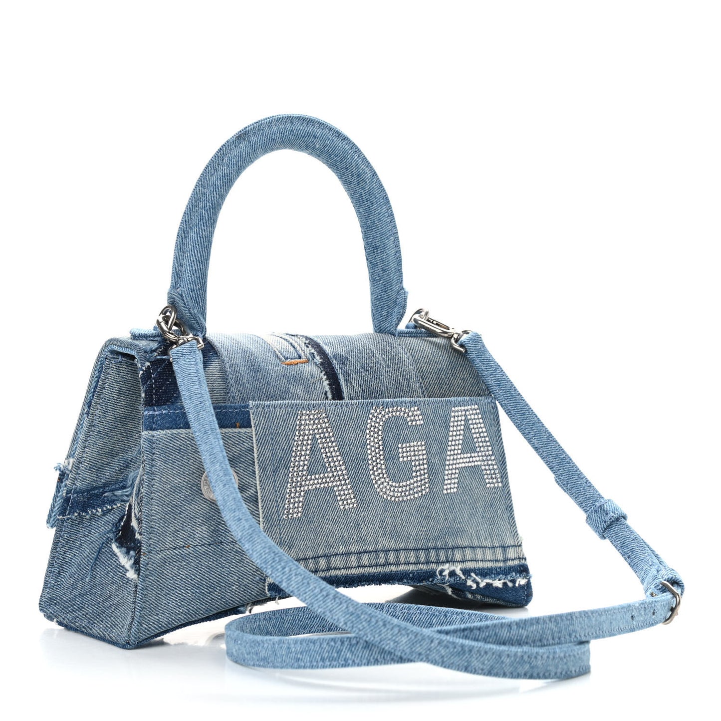 Denim Patchwork Small Hourglass Top Handle Bag Washed Blue