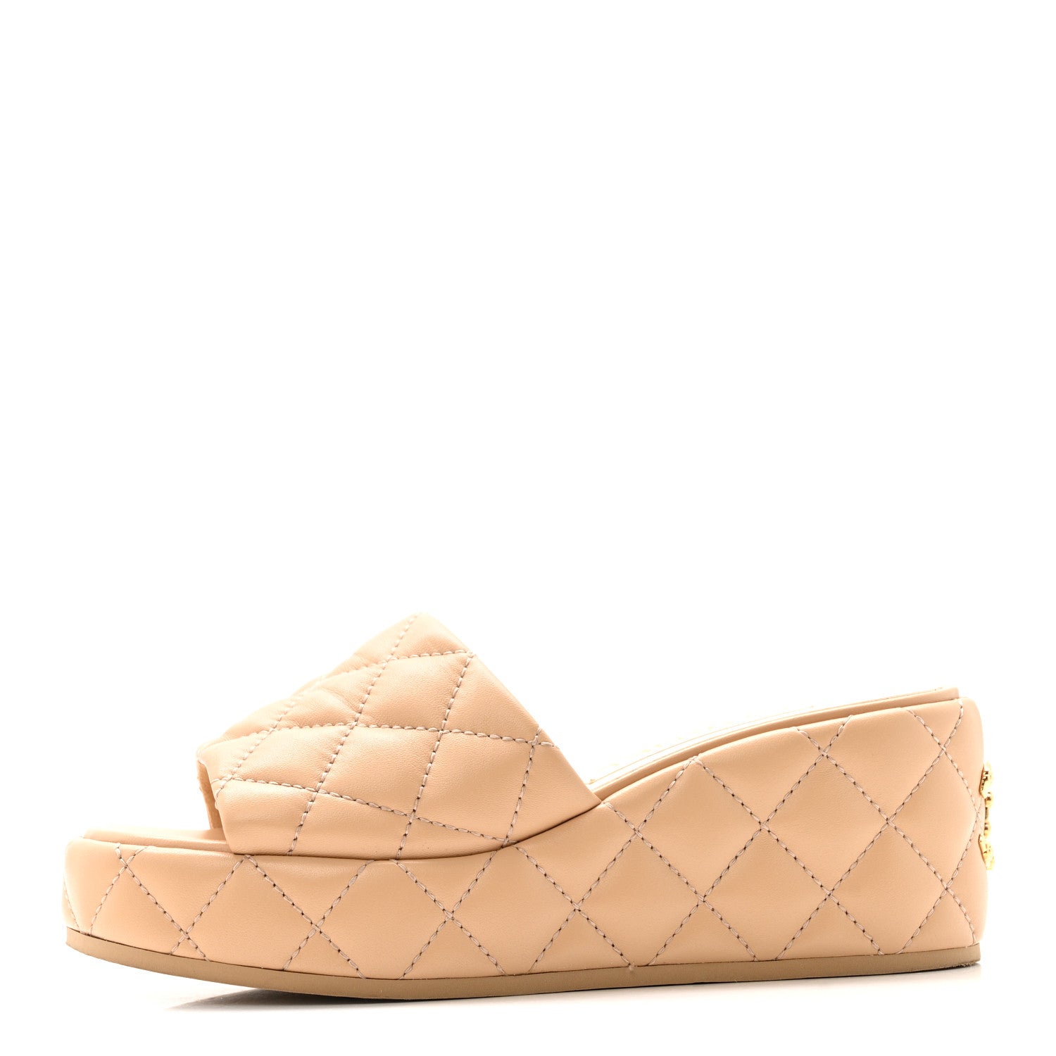 Chanel Lambskin Quilted Camelia CC Wedge Sandal Mules 37 Beige 1 of 12