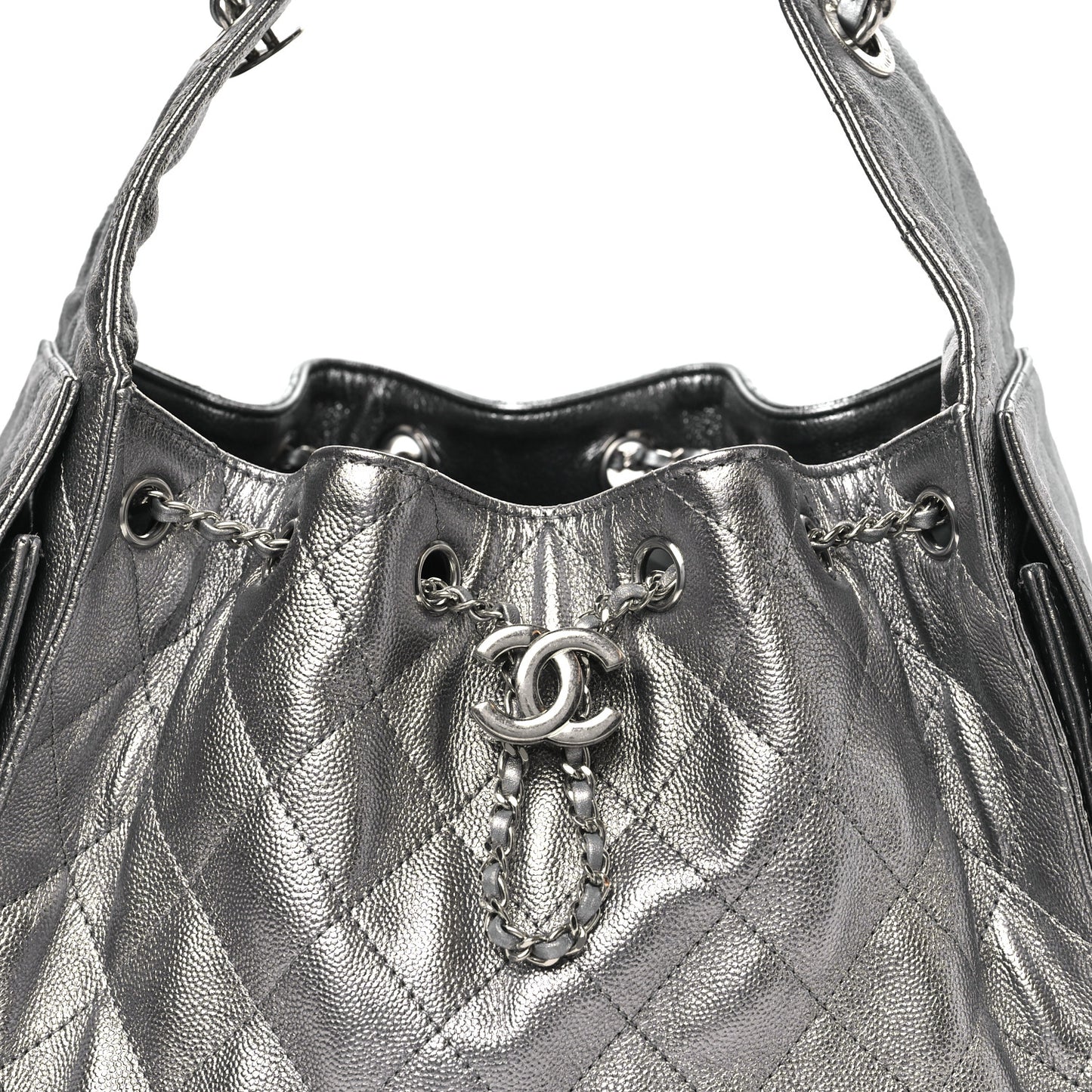 Metallic Caviar Quilted Small Chanel 25 Handbag Silver