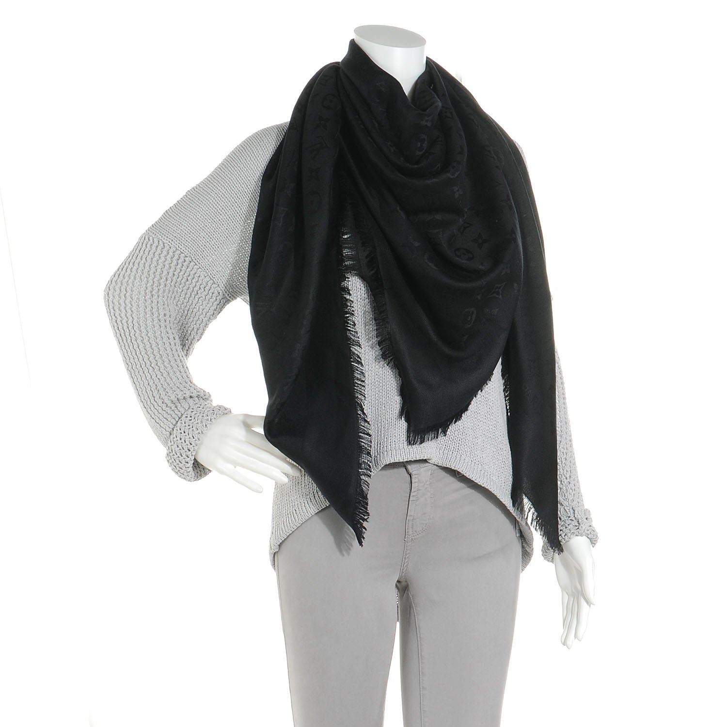 Louis Vuitton Silk Wool Monogram Shawl Black 2 of 5