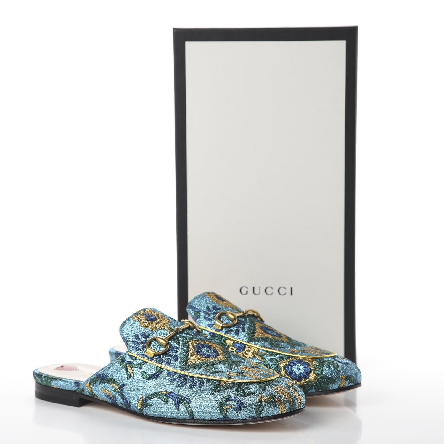 Gucci Iridescent Brocade Womens Princetown Slippers 38.5 Azure Multicolor Oro 9 of 10