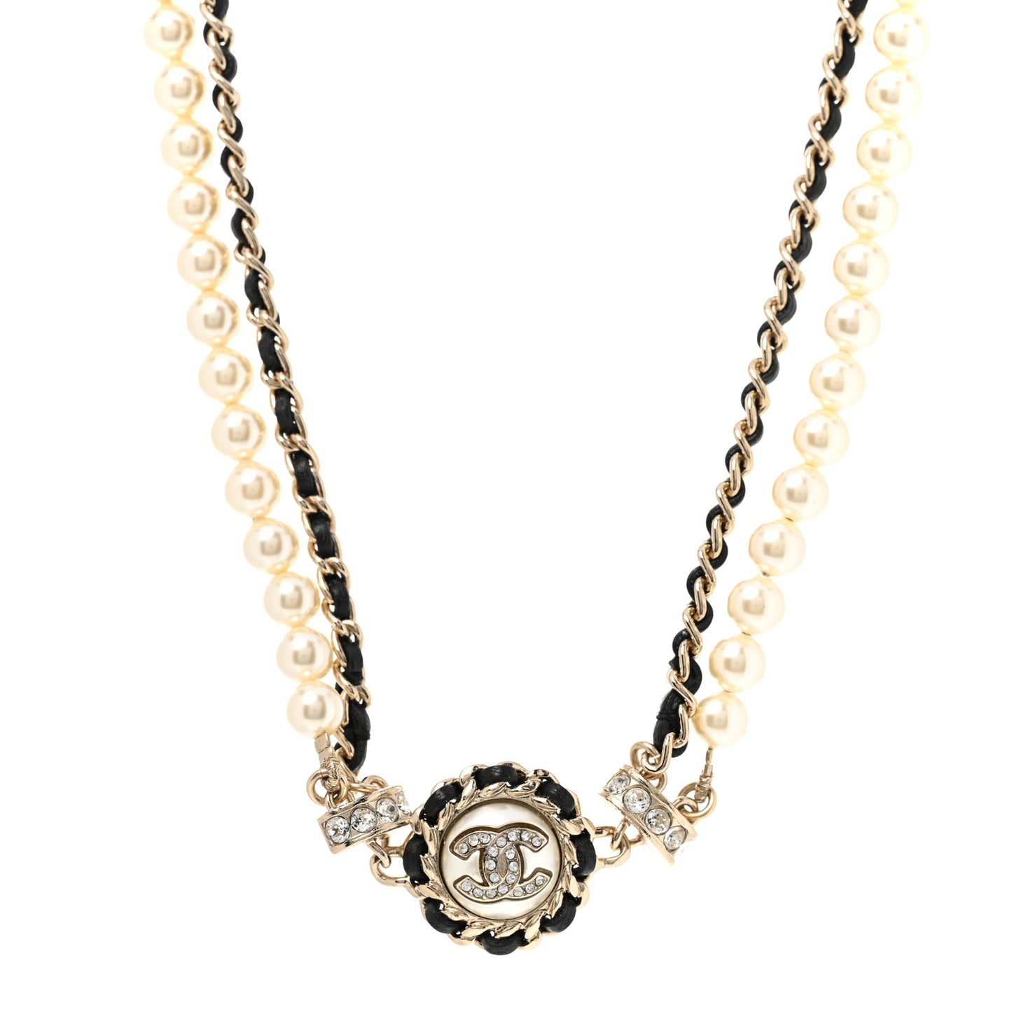 Pearl Crystal Lambskin CC Choker Gold Black