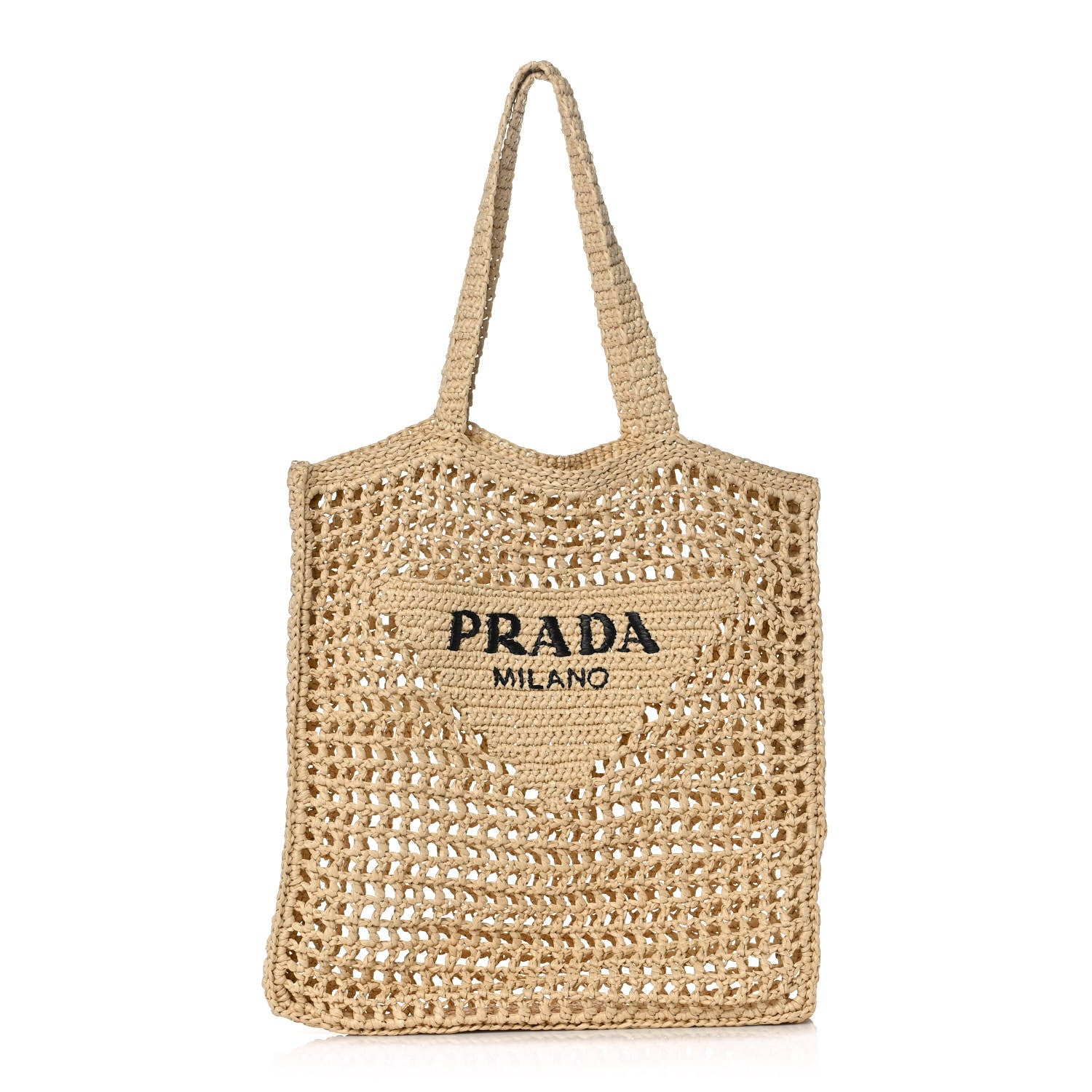 Prada Yarn Raffia Effect Crochet Logo Embroidered Tote Bag Naturale 1 of 9