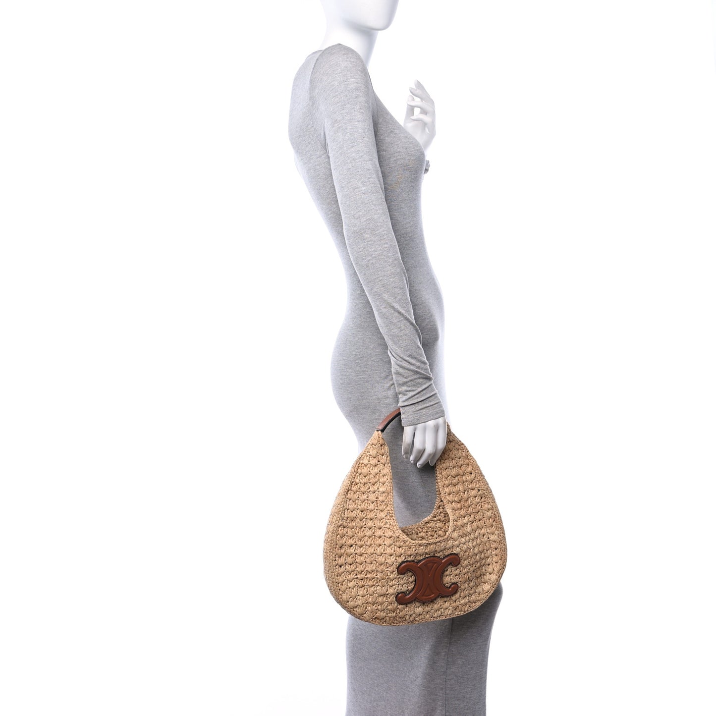 Raffia Calfskin Triomphe Panier Hobo Bag Natural Tan