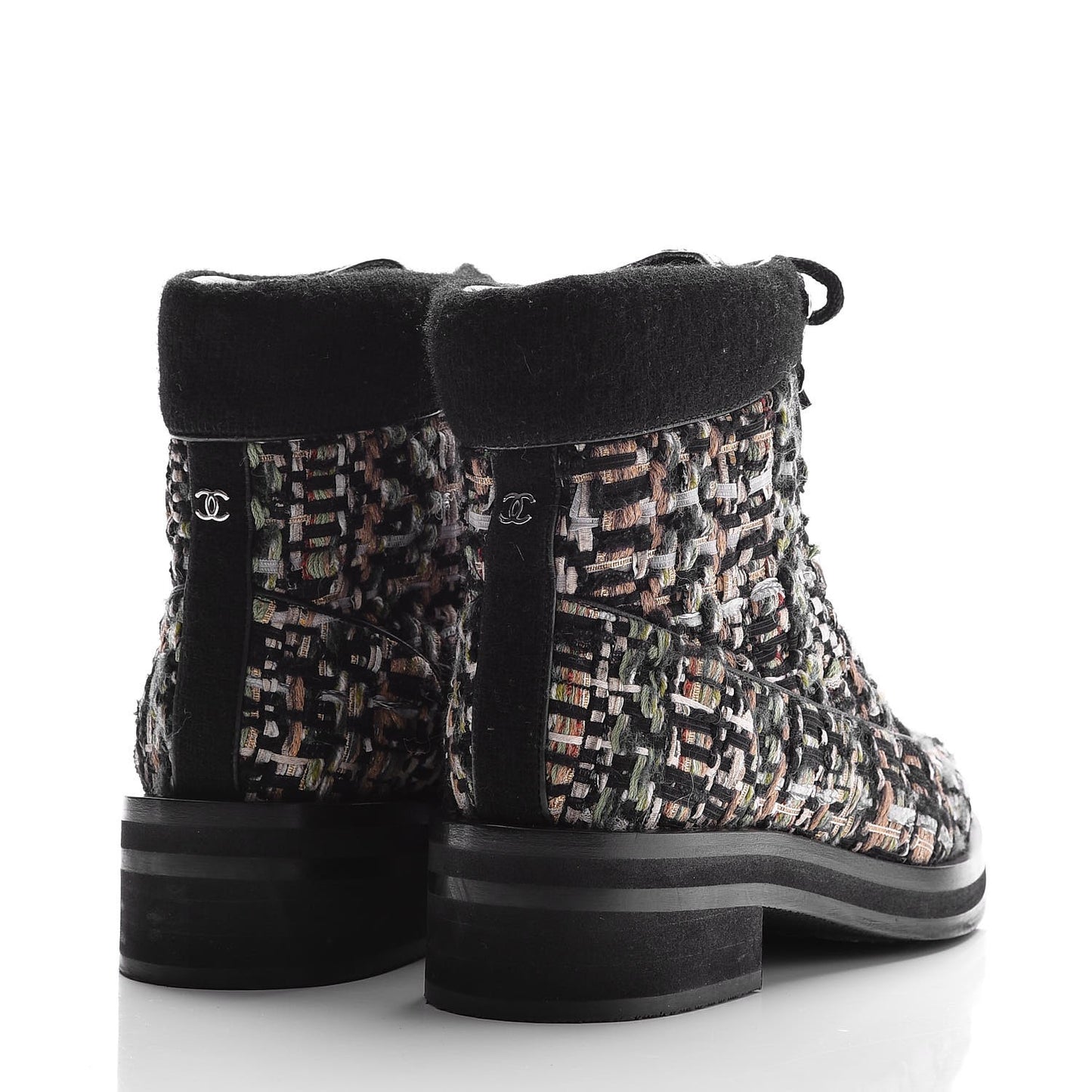 Tweed Lace Up Short Boots 38.5 Green Brown Black