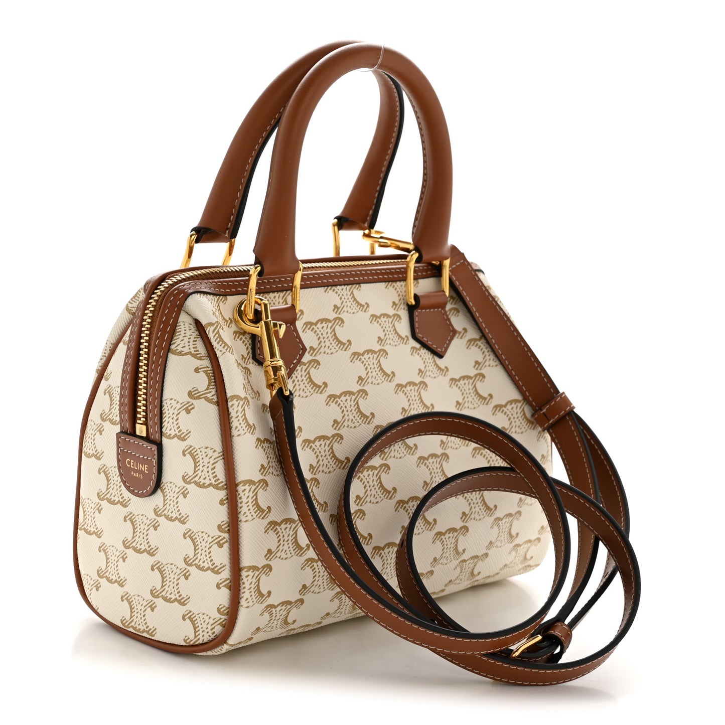 Triomphe Canvas Calfskin Small Boston Bag White