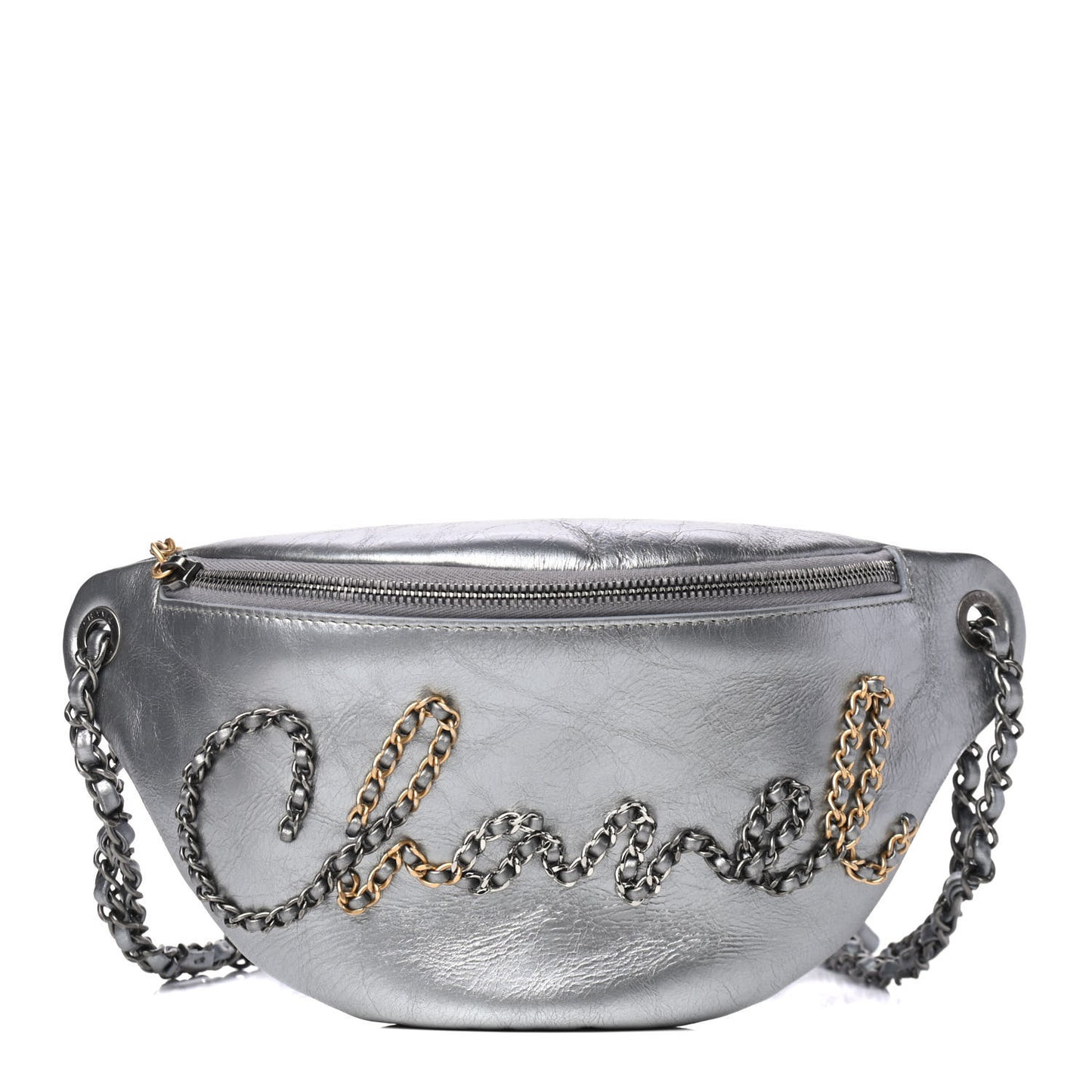 Metallic Crumpled Calfskin Chain 20s Signe Waist Bag Silver