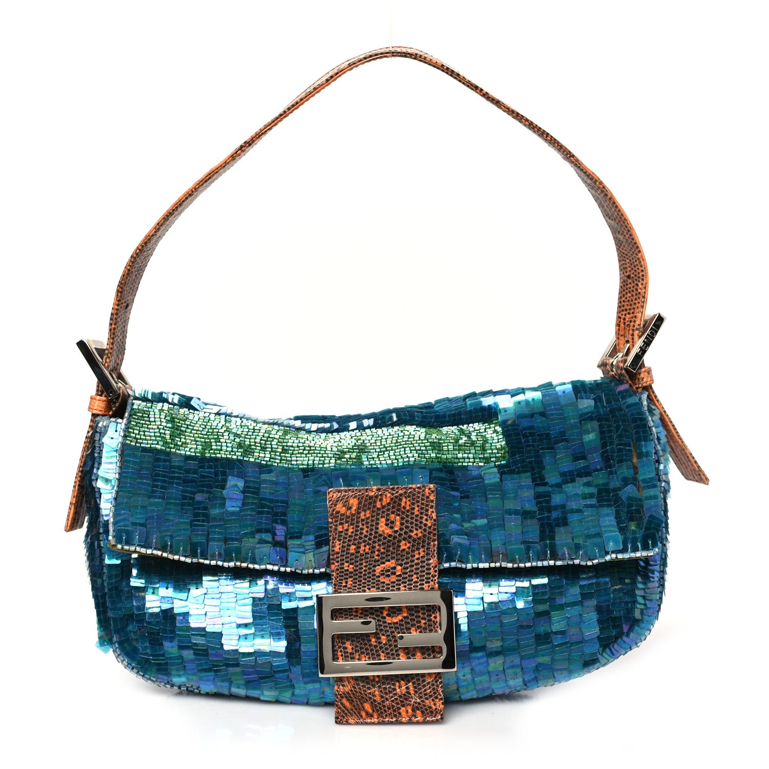 Fendi Sequin Beaded Lizard Baguette Verde Arancio 1 of 11