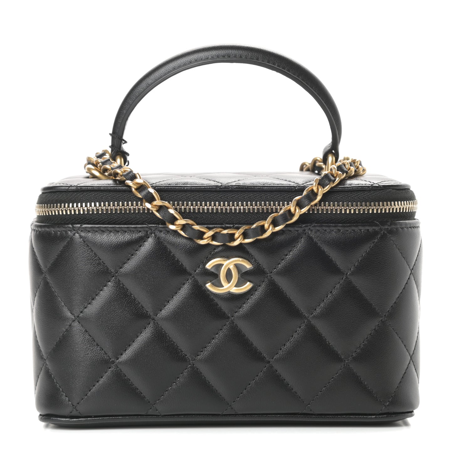 Lambskin Quilted Small Top Handle Vanity Case With Chain Black