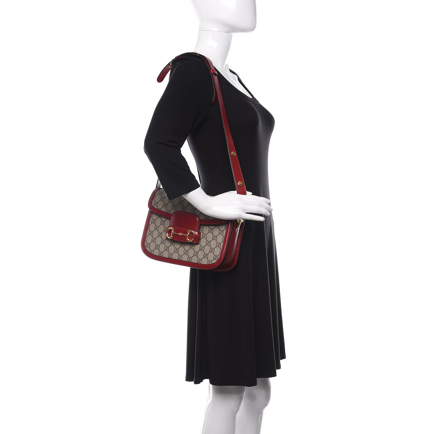 Gucci GG Supreme Monogram Azalea Calfskin Horsebit 1955 Shoulder Bag Beige Ebony New Cherry Red 2 of 9