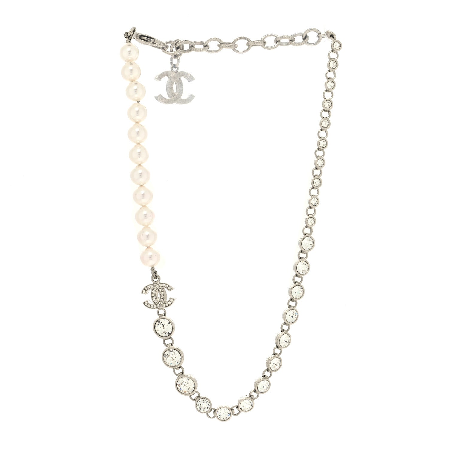 Chanel Pearl Crystal CC Choker Necklace Silver 3 of 5