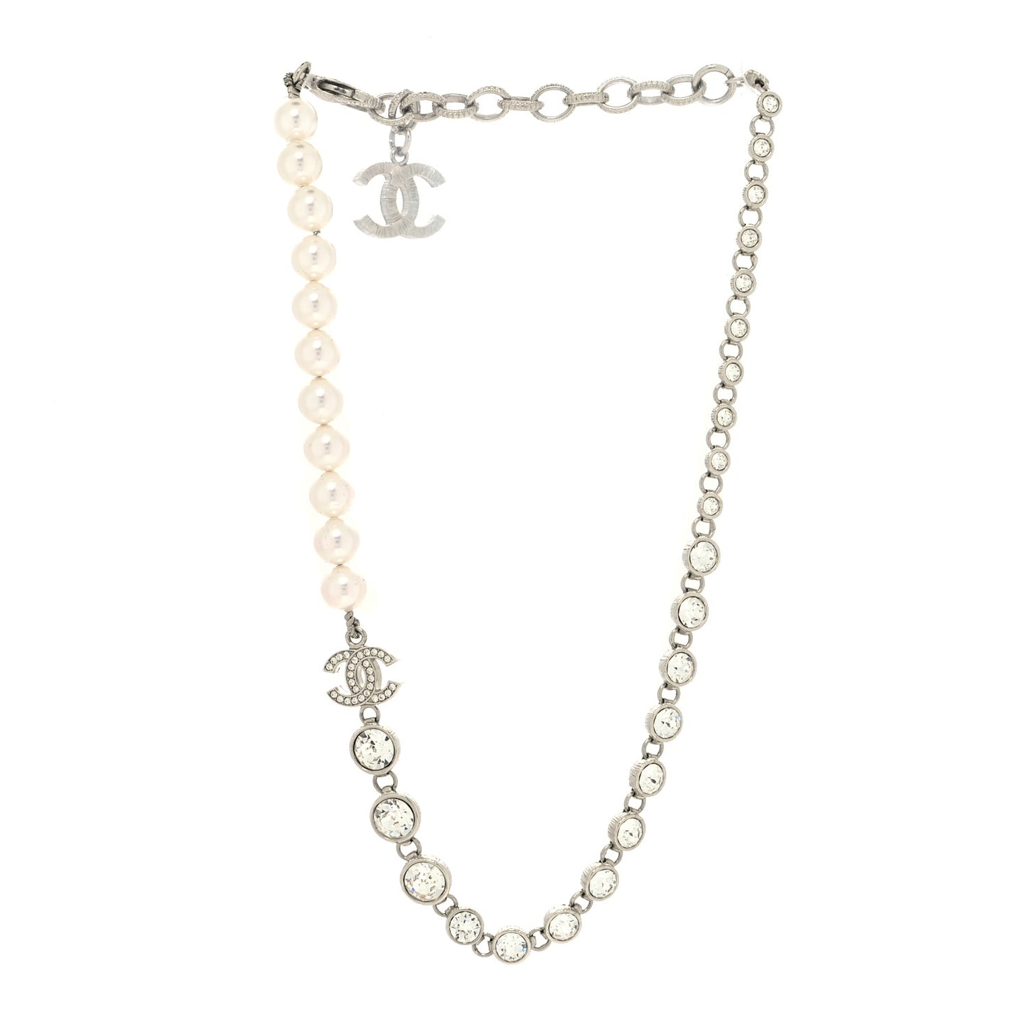 Pearl Crystal CC Choker Necklace Silver