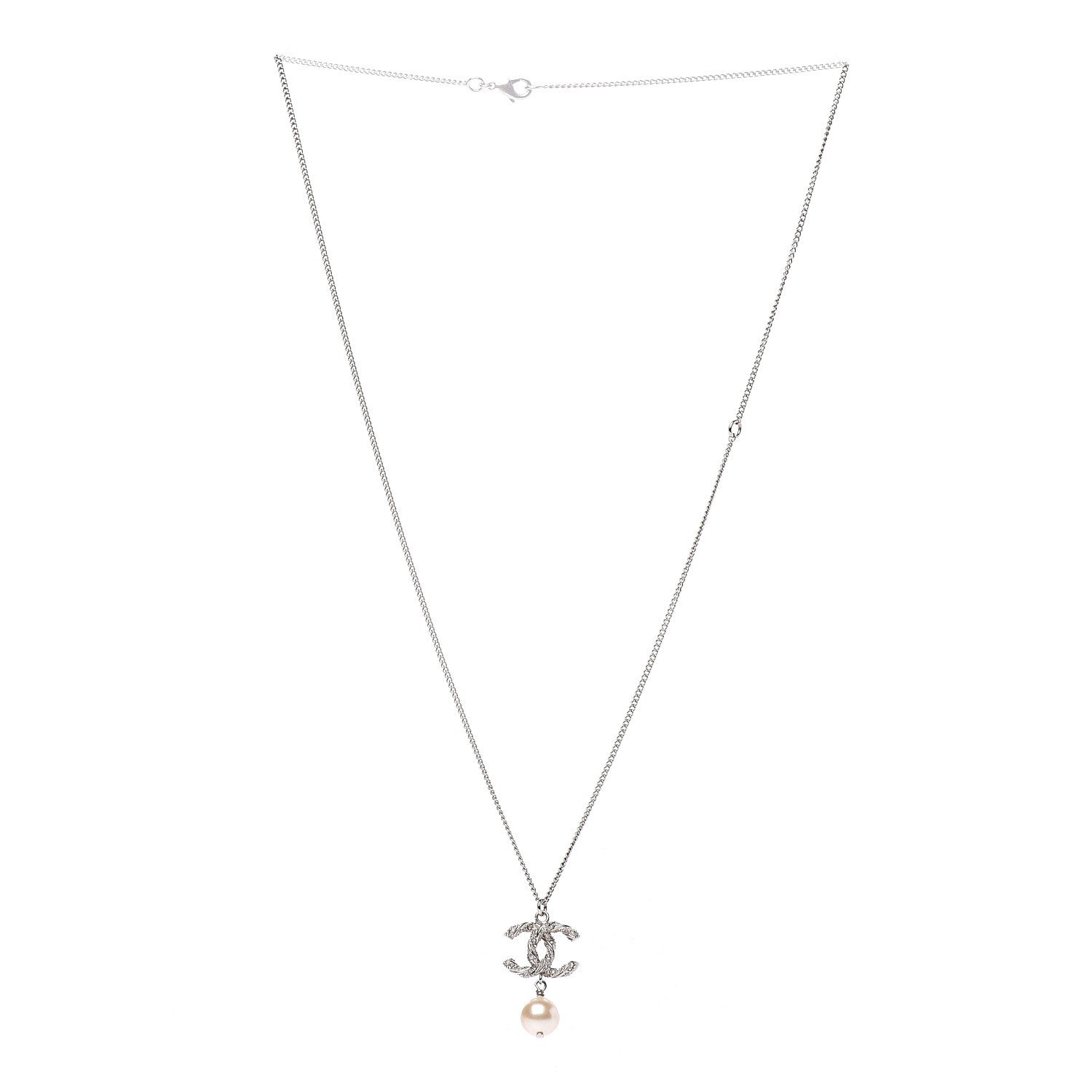 Chanel Crystal Pearl Twisted CC Drop Necklace Silver 2 of 5