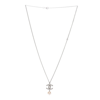 Chanel Crystal Pearl Twisted CC Drop Necklace Silver 2 of 5