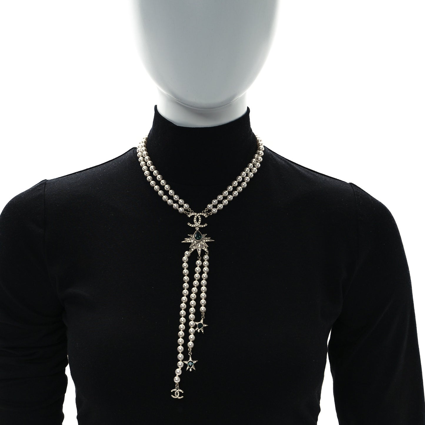 Pearl Crystal Star CC Drop Long Necklace Green White Silver