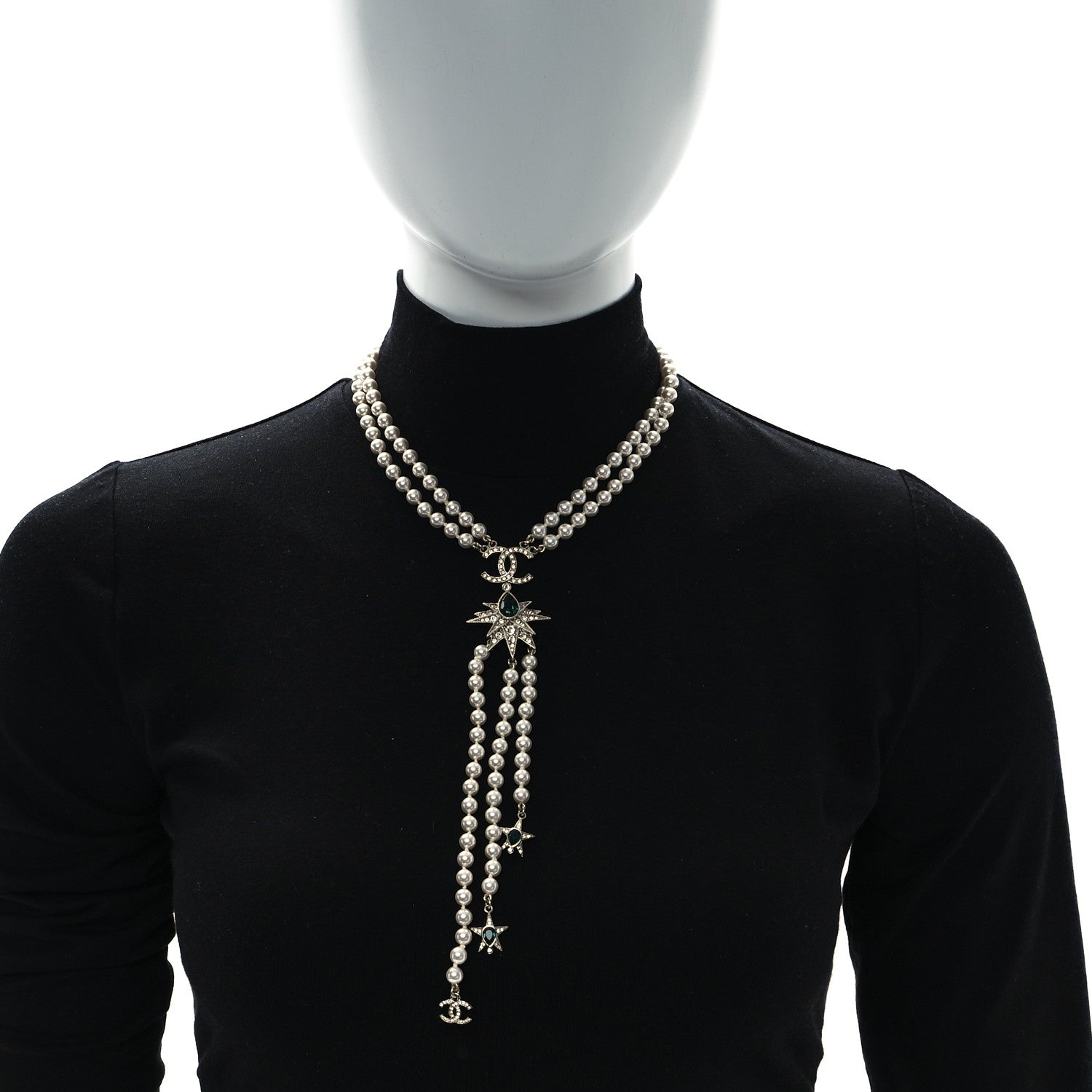 Chanel Pearl Crystal Star CC Drop Long Necklace Green White Silver 2 of 5