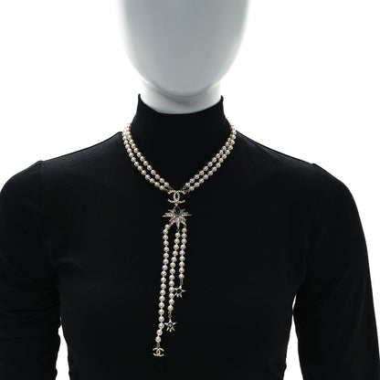 Chanel Pearl Crystal Star CC Drop Long Necklace Green White Silver 2 of 5