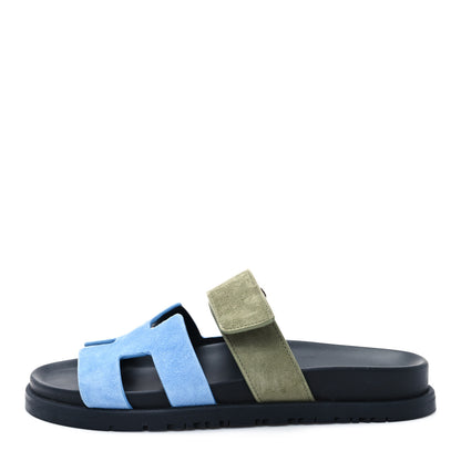 Hermes Suede Goatskin Womens Chypre Sandals 35.5 Bleu Cameo Vert Celadon 1 of 10