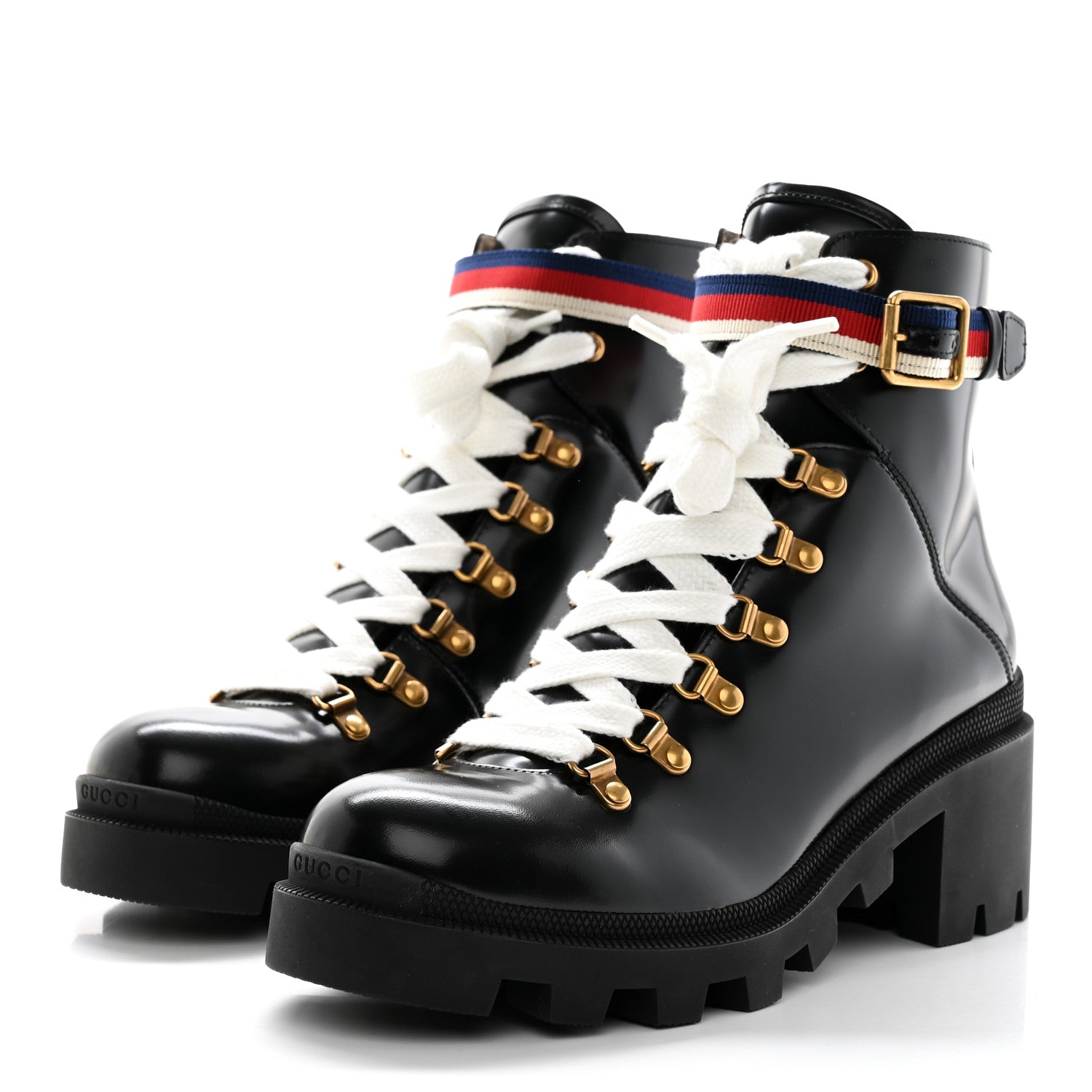 Gucci Calfskin Sylvie Web Womens Lace Up Combat Boots 41 Black 3 of 10