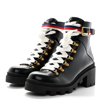 Gucci Calfskin Sylvie Web Womens Lace Up Combat Boots 41 Black 3 of 10