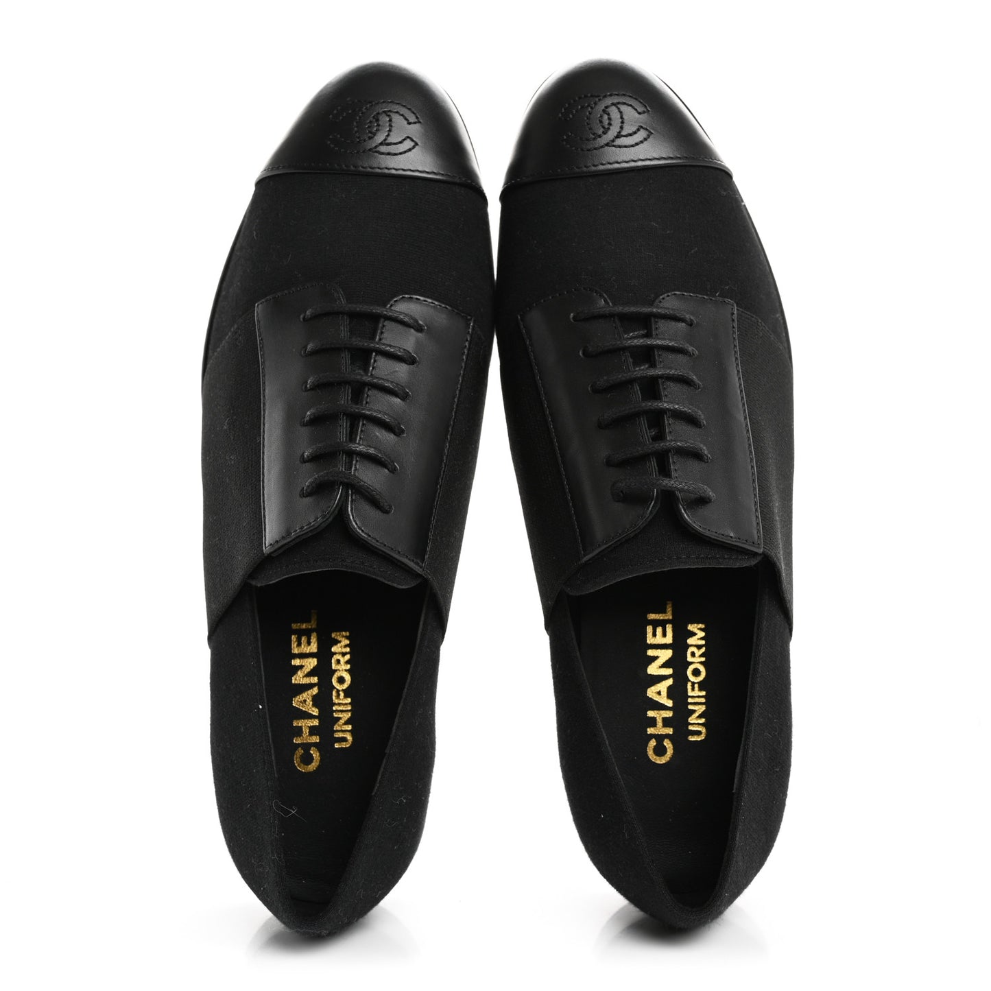 Calfskin Elastic Lace Up Cap Toe CC Loafers 37 Black