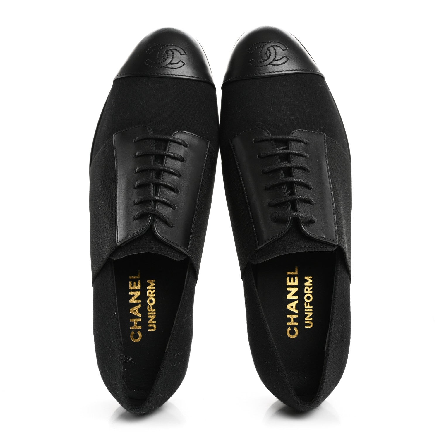 Chanel Calfskin Elastic Lace Up Cap Toe CC Loafers 37 Black 2 of 9