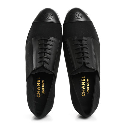 Chanel Calfskin Elastic Lace Up Cap Toe CC Loafers 37 Black 2 of 9
