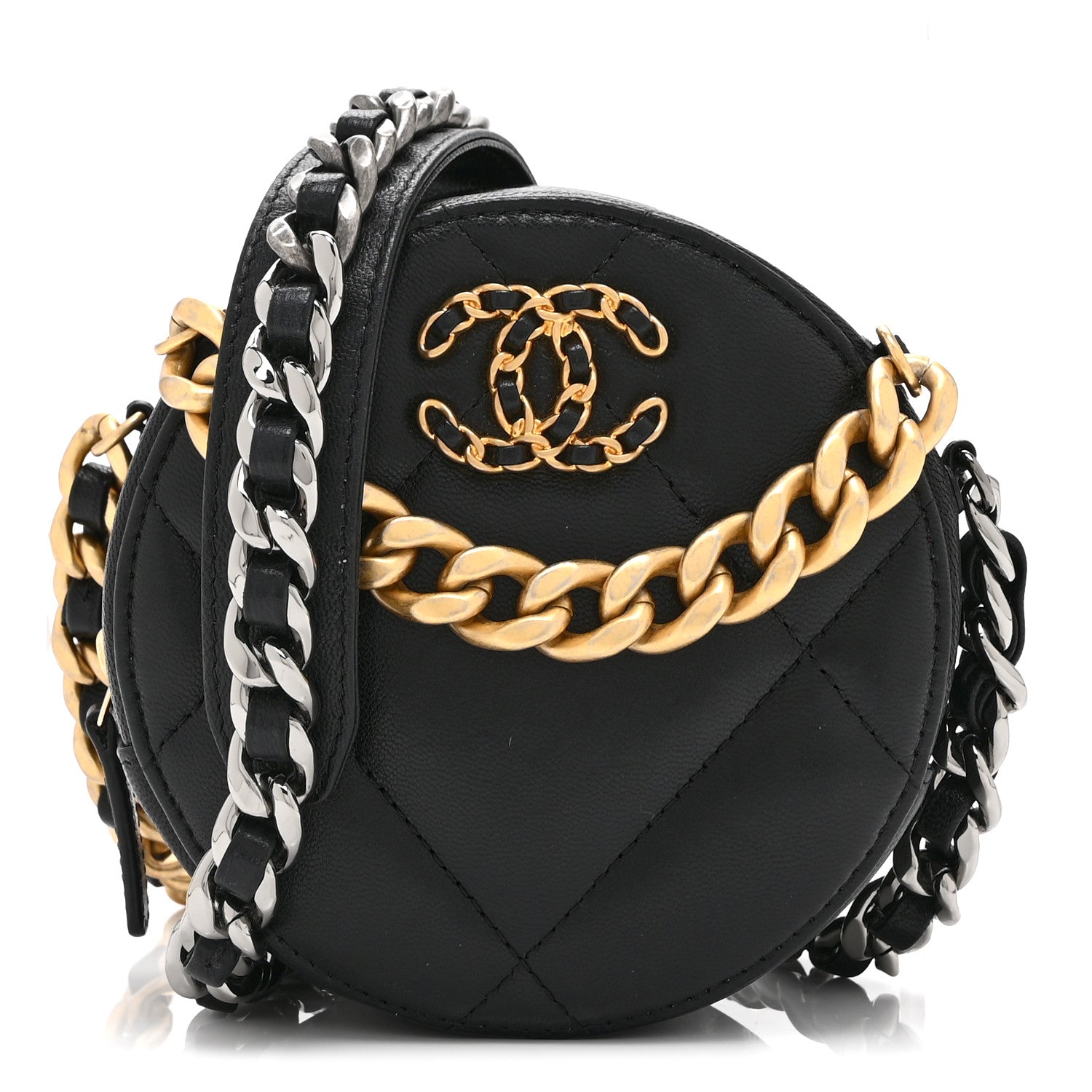 Chanel Shiny Goatskin Quilted Chanel 19 Round Clutch With Chain Black 1 of 10