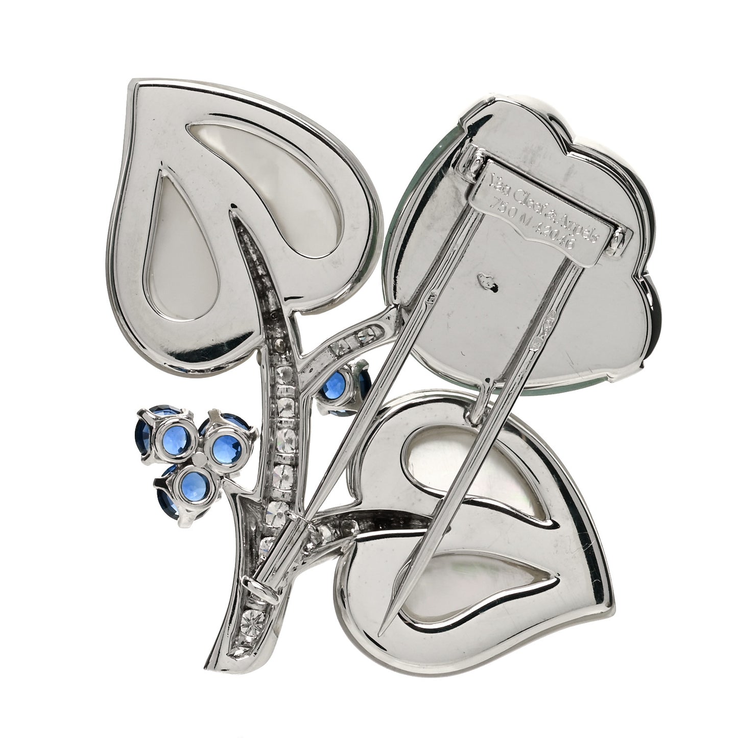 18K White Gold Diamond Mother of Pearl Aquamarine Sapphire Tulip Brooch Pin