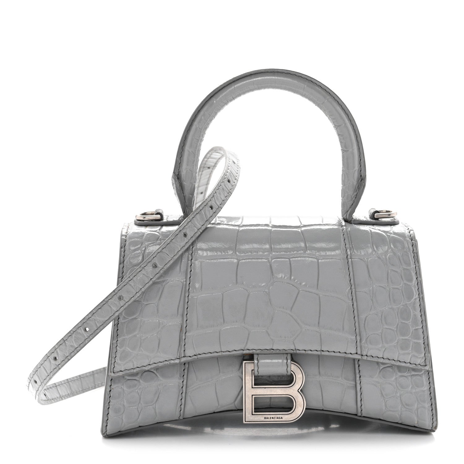Balenciaga グレー ハンドバッグ Balenciaga Shiny Calfskin Crocodile Embossed Hourglass Top Handle