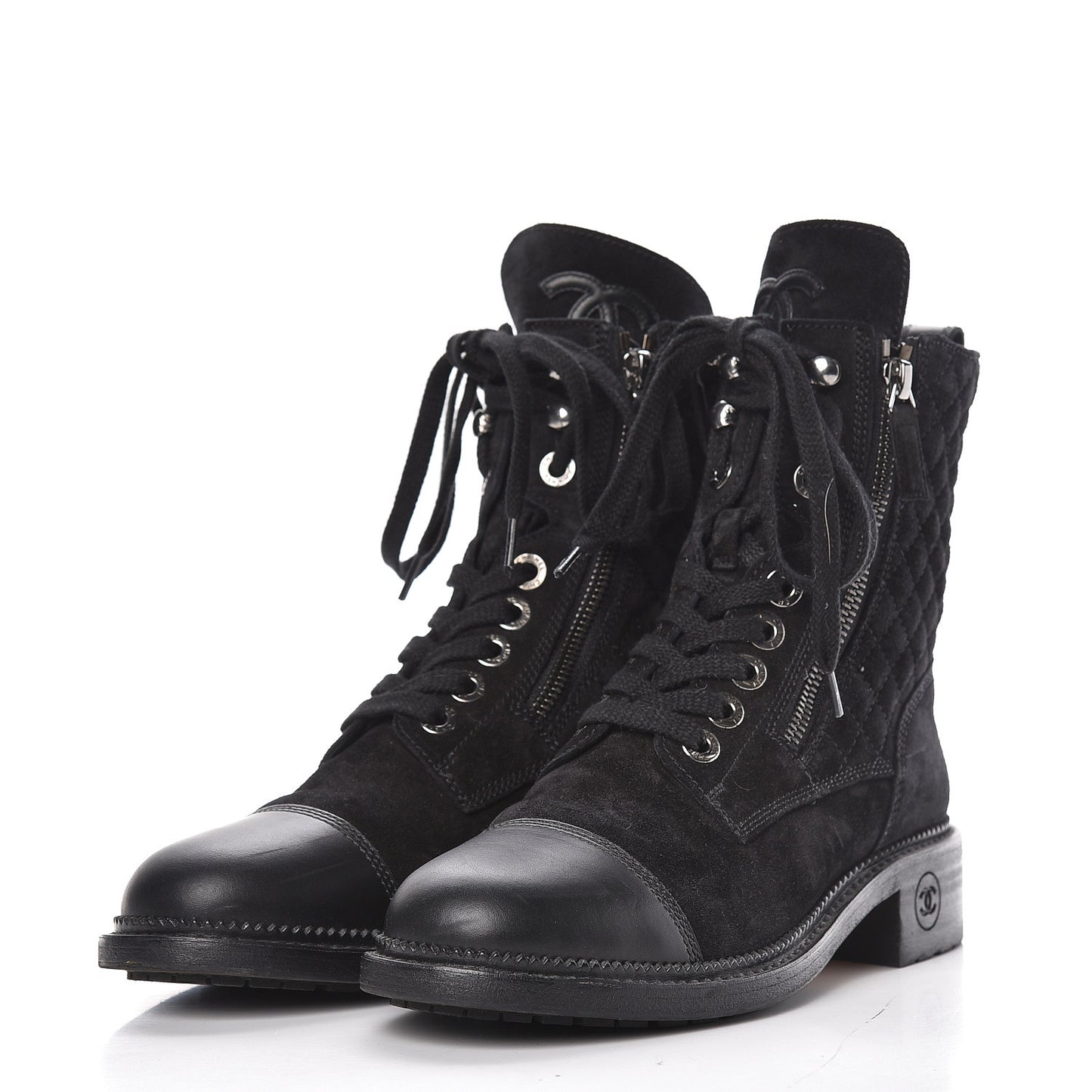 Suede Quilted CC Lace Up Combat Boots 37 Black