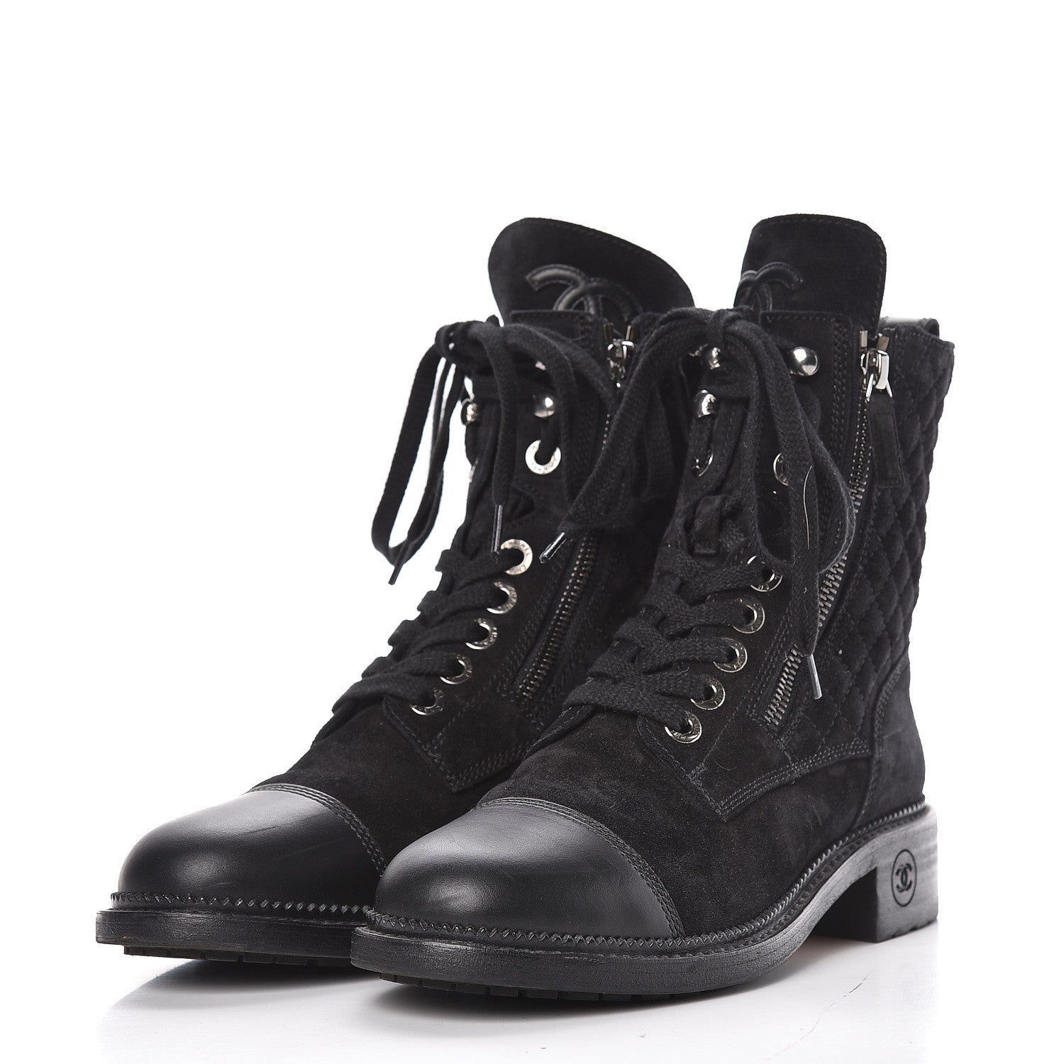 Chanel Suede Quilted CC Lace Up Combat Boots 37 Black 3 of 15