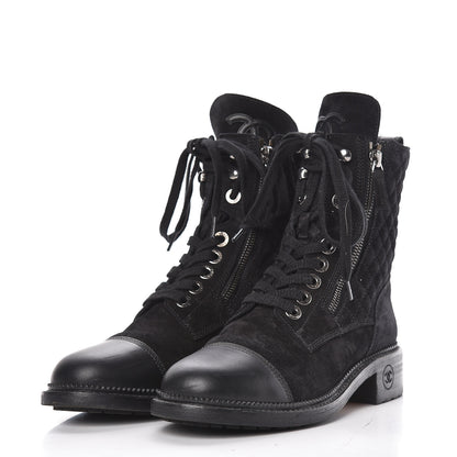 Chanel Suede Quilted CC Lace Up Combat Boots 37 Black 3 of 15